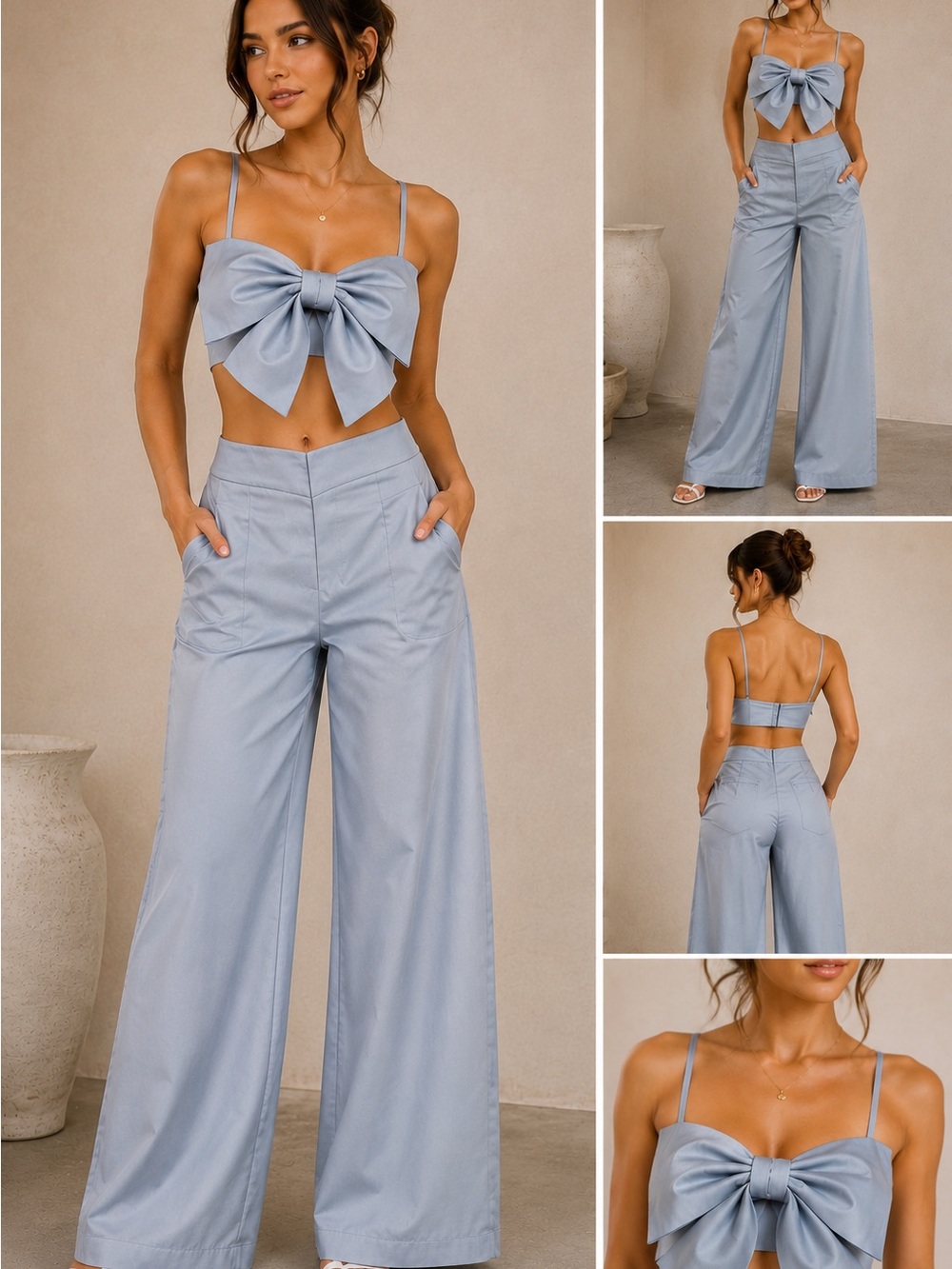 Zara Powder Blue Wide-Leg Pants with Bow-Front Crop Top